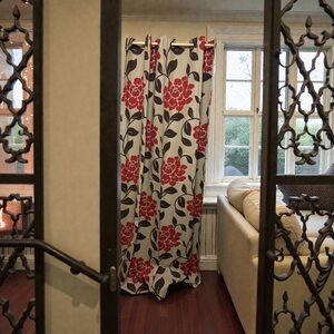 * Pier 1 Sand Floral Canvas Curtain Panel Red Orange Flowers Tan Brown Greenery